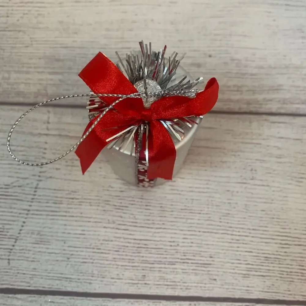 Glass Present Christmas Ornament Silver Stacked Gift Box Red Ribbon Tinsel 4